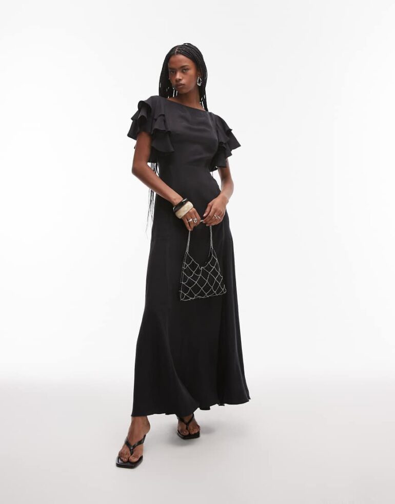 & Other Stories maxi dress with ruffle sleeves and open back in black