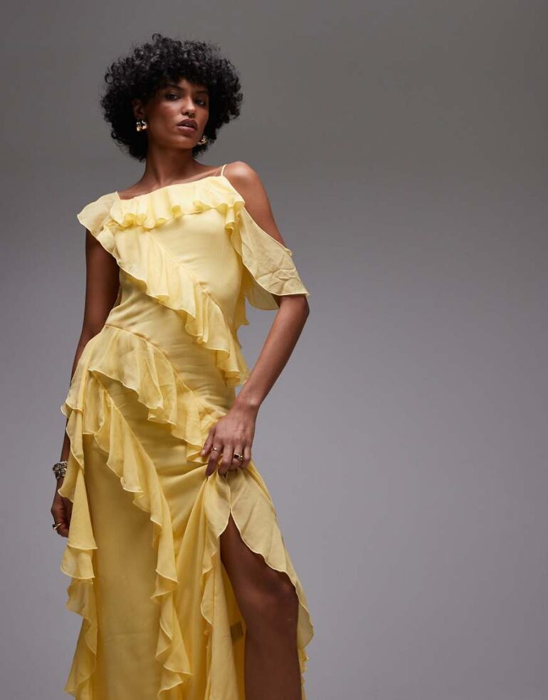 & Other Stories maxi slip dress with tiered ruffle detail and low tie back in yellow