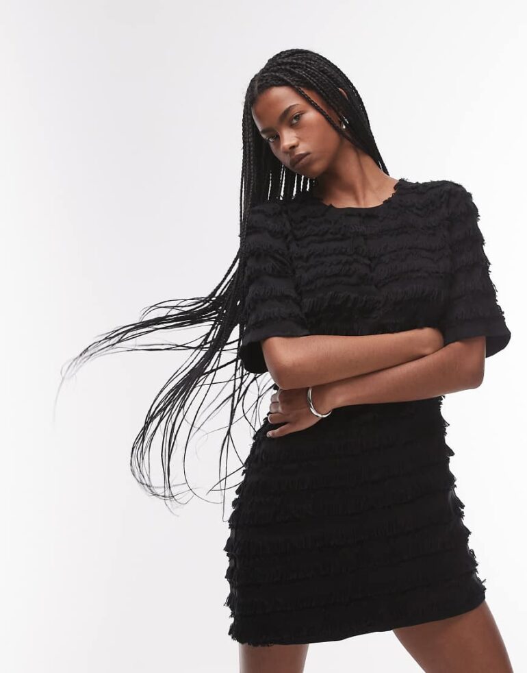 & Other Stories mini dress with all over fringing in black