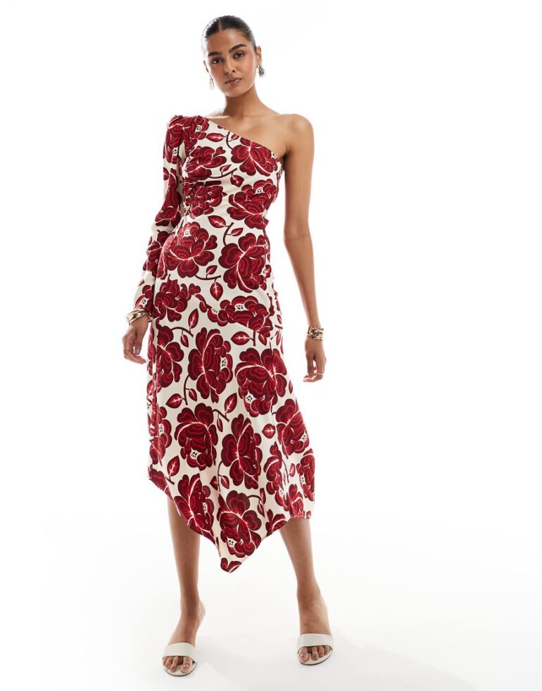 & Other Stories one shoulder long sleeve midaxi dress with asymmetric hem in bold floral print-Multi