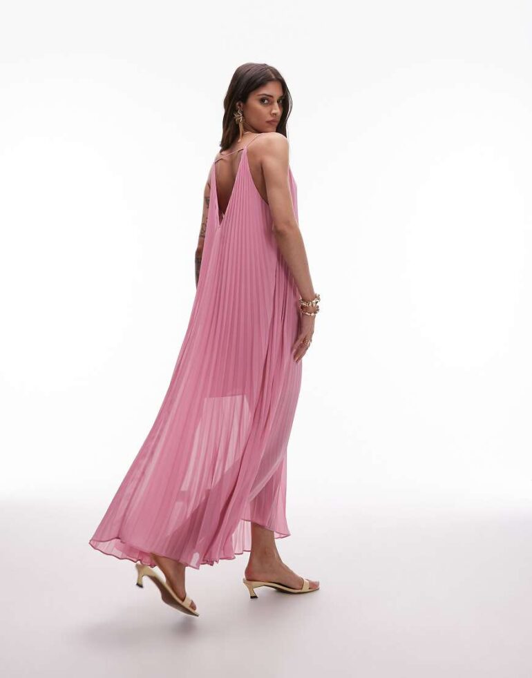 & Other Stories pleated chiffon maxi dress with deep v-back in pink