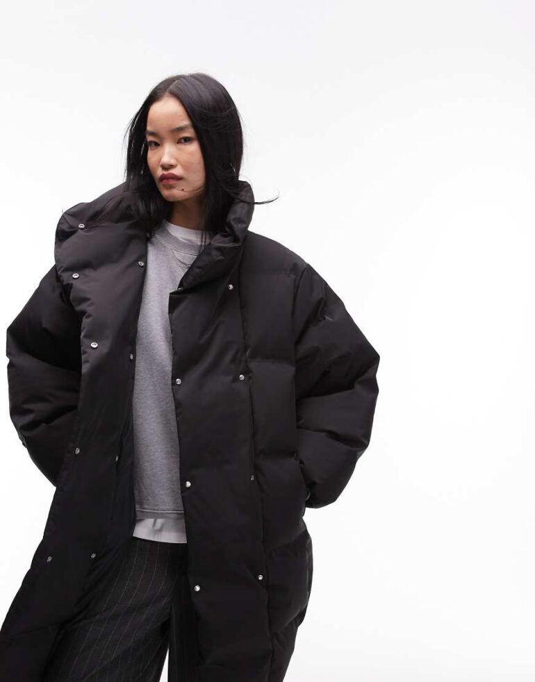 & Other Stories re-down puffer coat with funnel neck in black