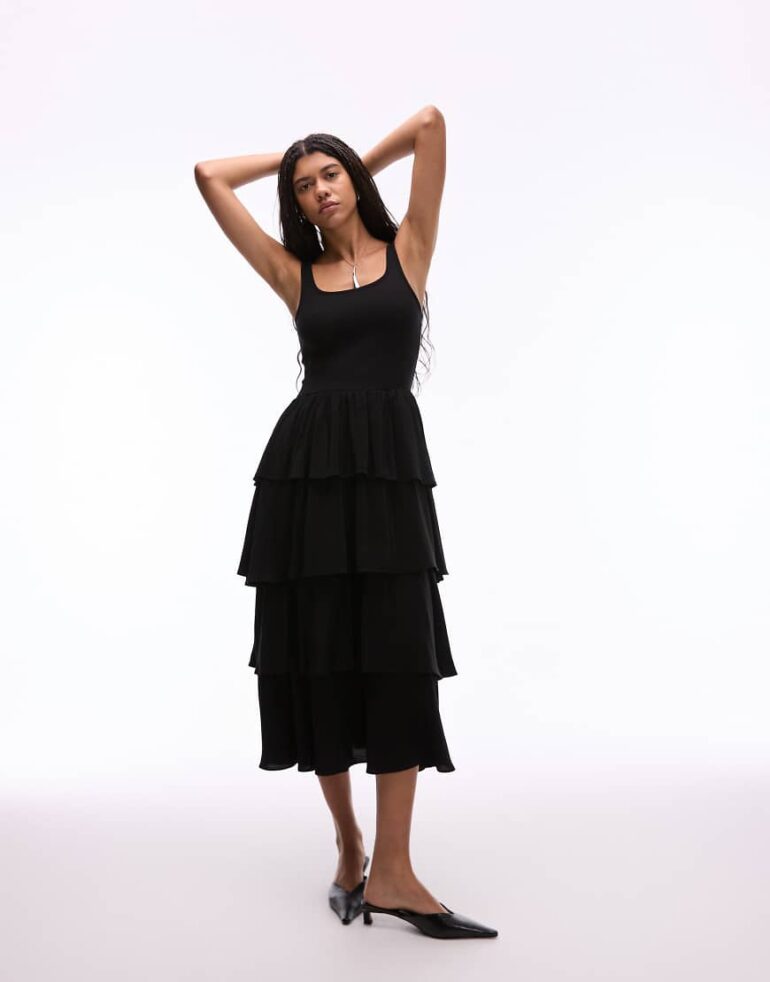 & Other Stories sleeveless midaxi dress with floaty ruffles in black ribbed mixed jersey and woven fabric