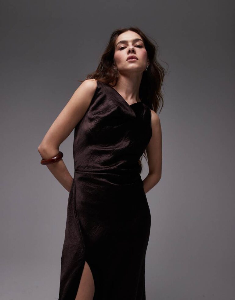 & Other Stories sleeveless satin midaxi dress with drape detail and thigh split in dark brown