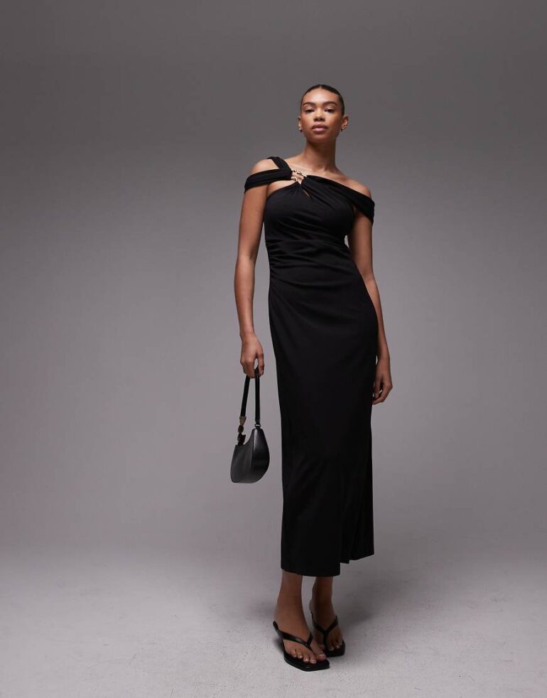 & Other Stories structured jersey midi dress with off shoulder and metal clasp in black
