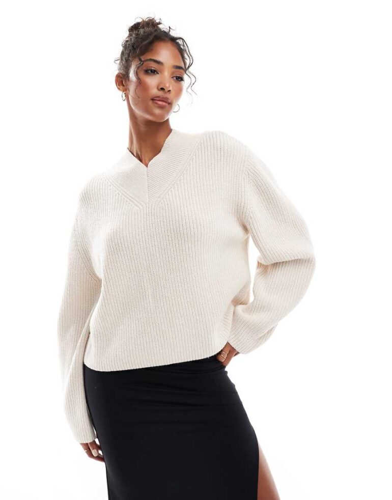 & Other Stories wool blend ribbed knit sweater with high v neck and deep cuffs detail in off white