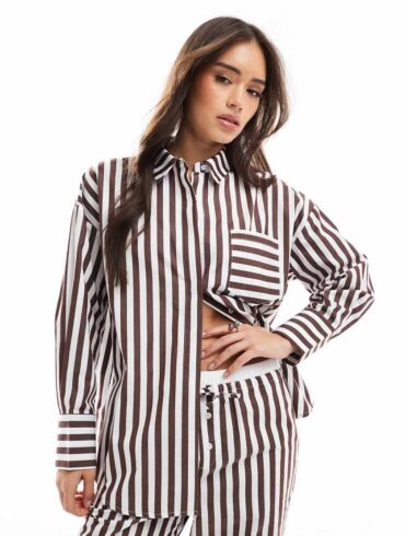4th & Reckless cotton oversized pocket detail shirt co-ord in brown stripe-Multi