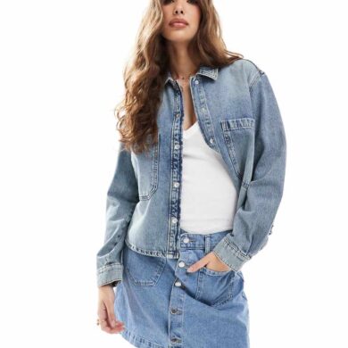 ONLY front pocket oversized denim shirt in light blue