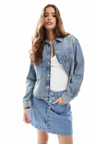 ONLY front pocket oversized denim shirt in light blue