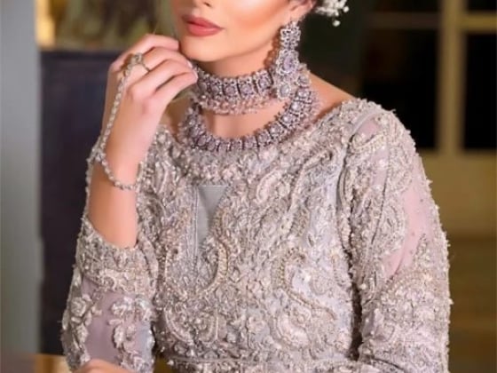 A poised woman showcasing traditional fashion and jewelry.
