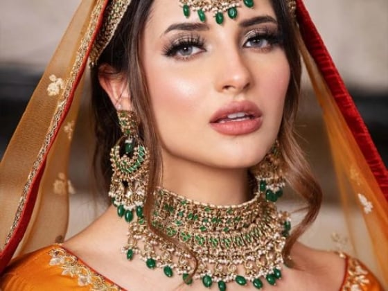 Elegant woman wearing intricate jewelry and a vibrant outfit.