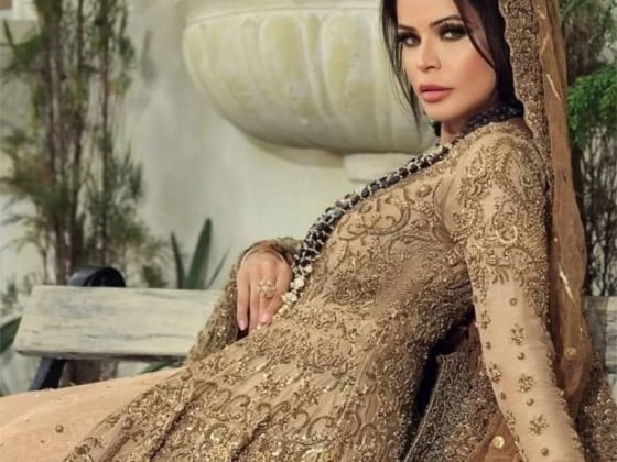 Elegant woman poses in a richly embellished outfit.