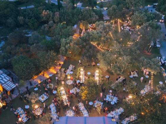 Aerial view of a festive garden party at night.