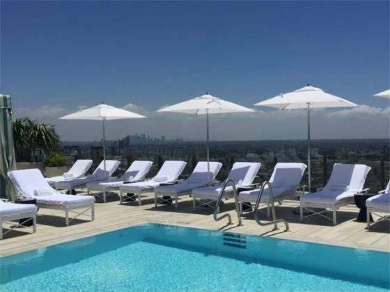 Serene pool area with a city view and lounge chairs.