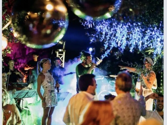 Guests enjoying a lively atmosphere with performers and colorful lights