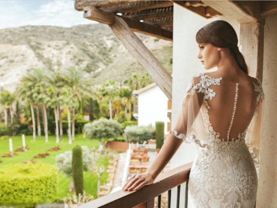 A stunning bride gazes at the garden view.