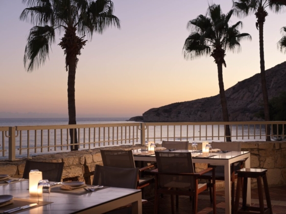 Relaxing dinner setup with ocean view during twilight.