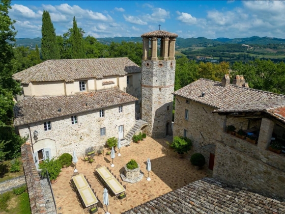 Beautiful historic complex with outdoor seating area.