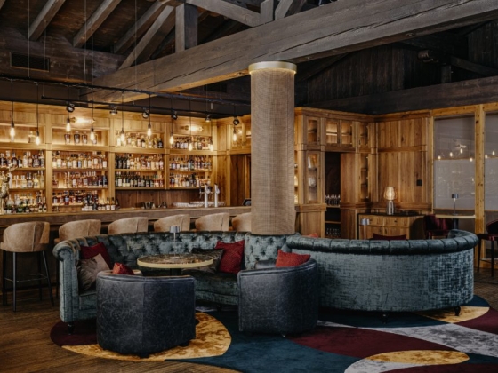 Stylish lounge area featuring a bar and cozy seating.