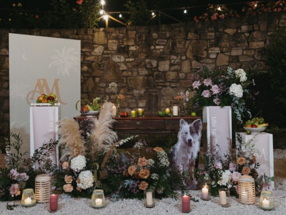 Elegant arrangement of flowers and decor for an outdoor event