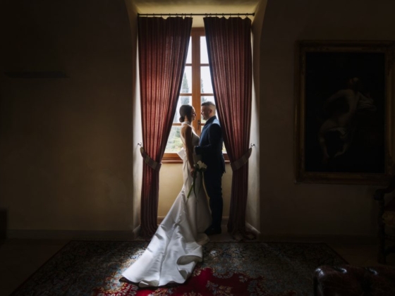 An intimate moment between a bride and groom.
