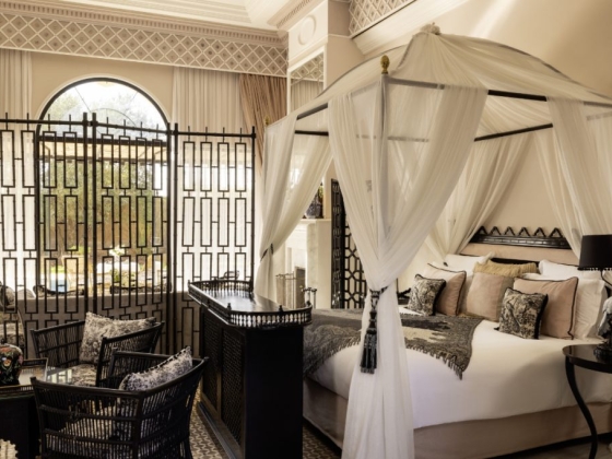 Luxurious room featuring a canopied bed and stylish furniture.