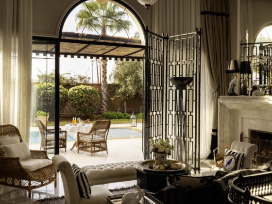 A stylish interior leading to an outdoor space.