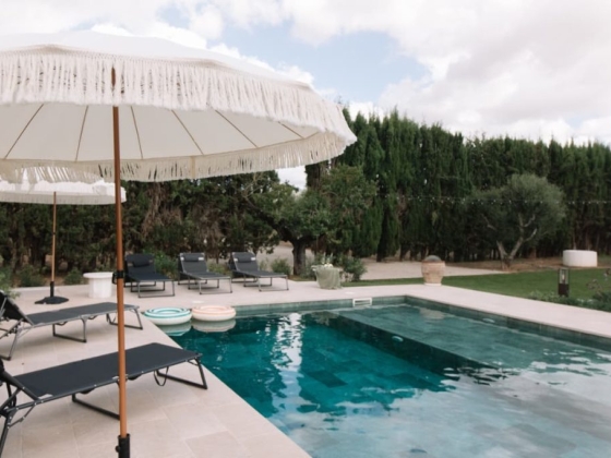 Inviting swimming pool surrounded by loungers and greenery.