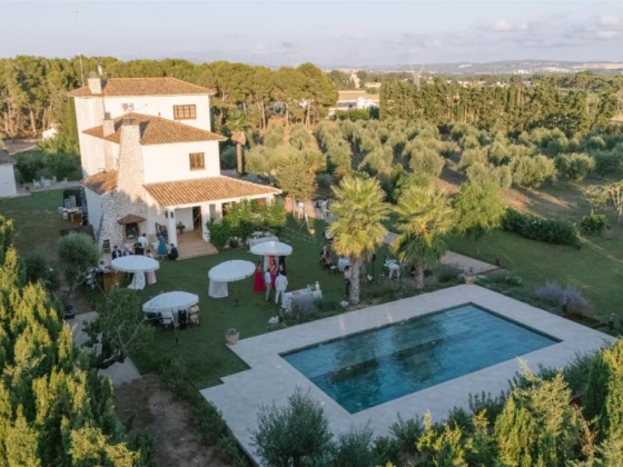 Aerial view of a beautiful villa and garden with a pool.