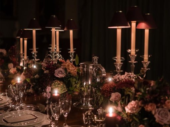 A beautifully set table for a formal dinner.