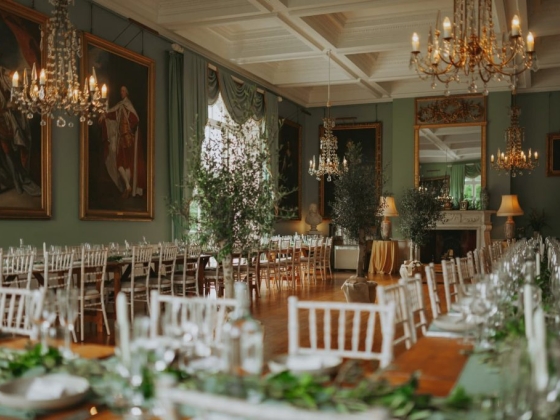 Spacious dining area with tables set for an event.
