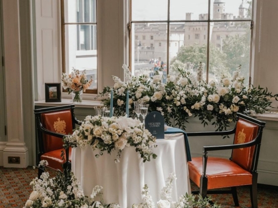 A beautifully decorated table with flowers and candles.