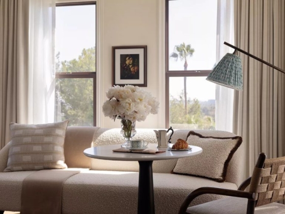 A bright corner with a sofa, table, and decoriving accents.