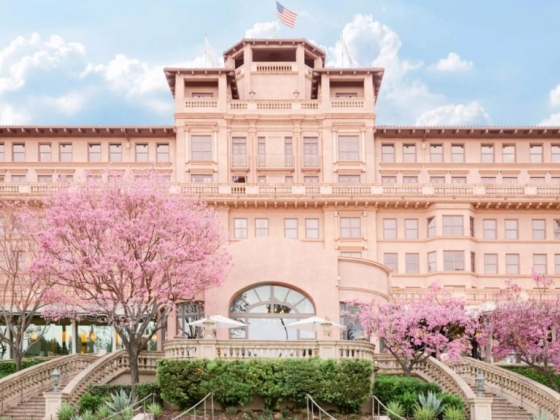 Stunning view of a pink hotel surrounded by cherry blossoms.