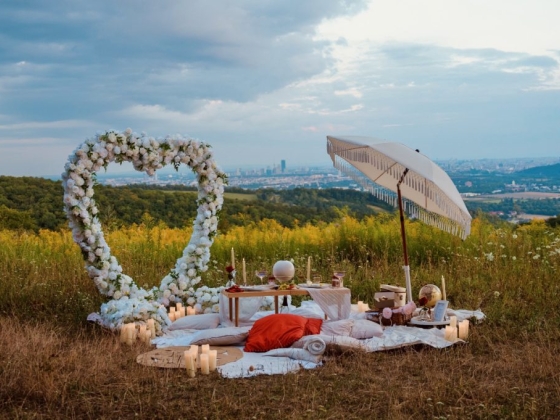 A cozy picnic area surrounded by nature and flowers.