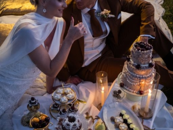 Couple enjoying a dessert spread at twilight.