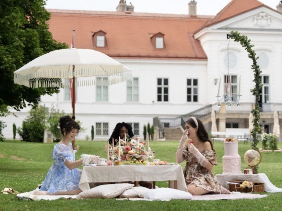 Three women enjoying a stylish picnic in a beautiful setting.