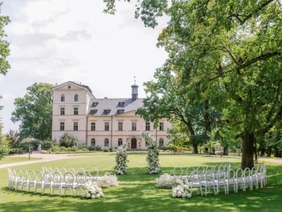 Chairs arranged for a wedding ceremony on a lush lawn.