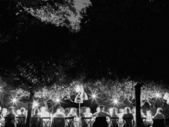 Guests seated around a long table under soft lights