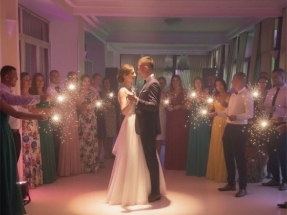 Wedding couple dances surrounded by guests holding sparklers.