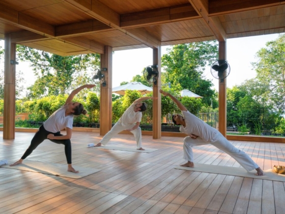 Yoga class in a wooden studio surrounded by greenery