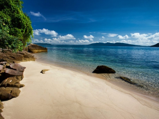 A tranquil scene of a beach with gentle waves.