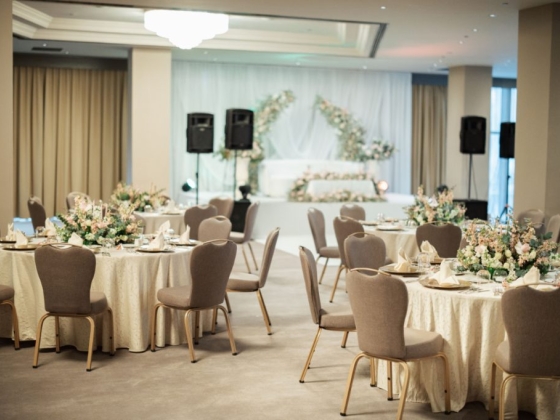 A beautifully arranged event space for a celebration.