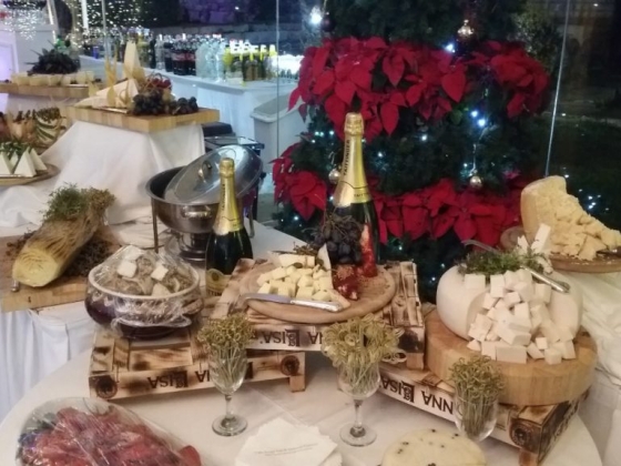 An elegantly arranged cheese and fruit display for festivities.