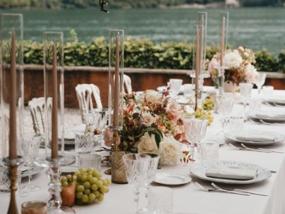 Beautifully arranged table with flowers and candles