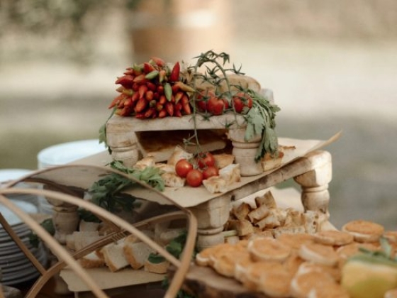 A vibrant spread of appetizers with fresh tomatoes and herbs