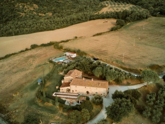 A scenic villa surrounded by olive trees and fields.