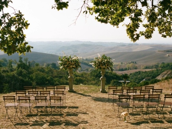 A beautiful wedding venue overlooking rolling hills.