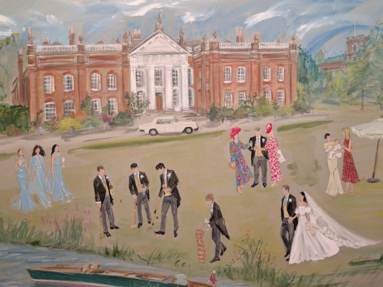 The bridal party painted outside Avington Park, Hampshire UK