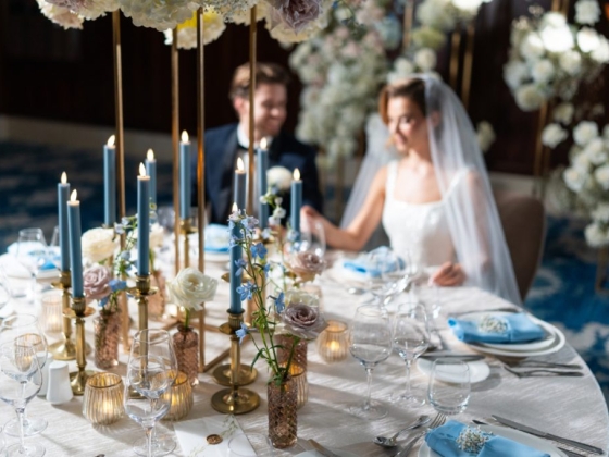 A beautifully set table for a wedding celebration.